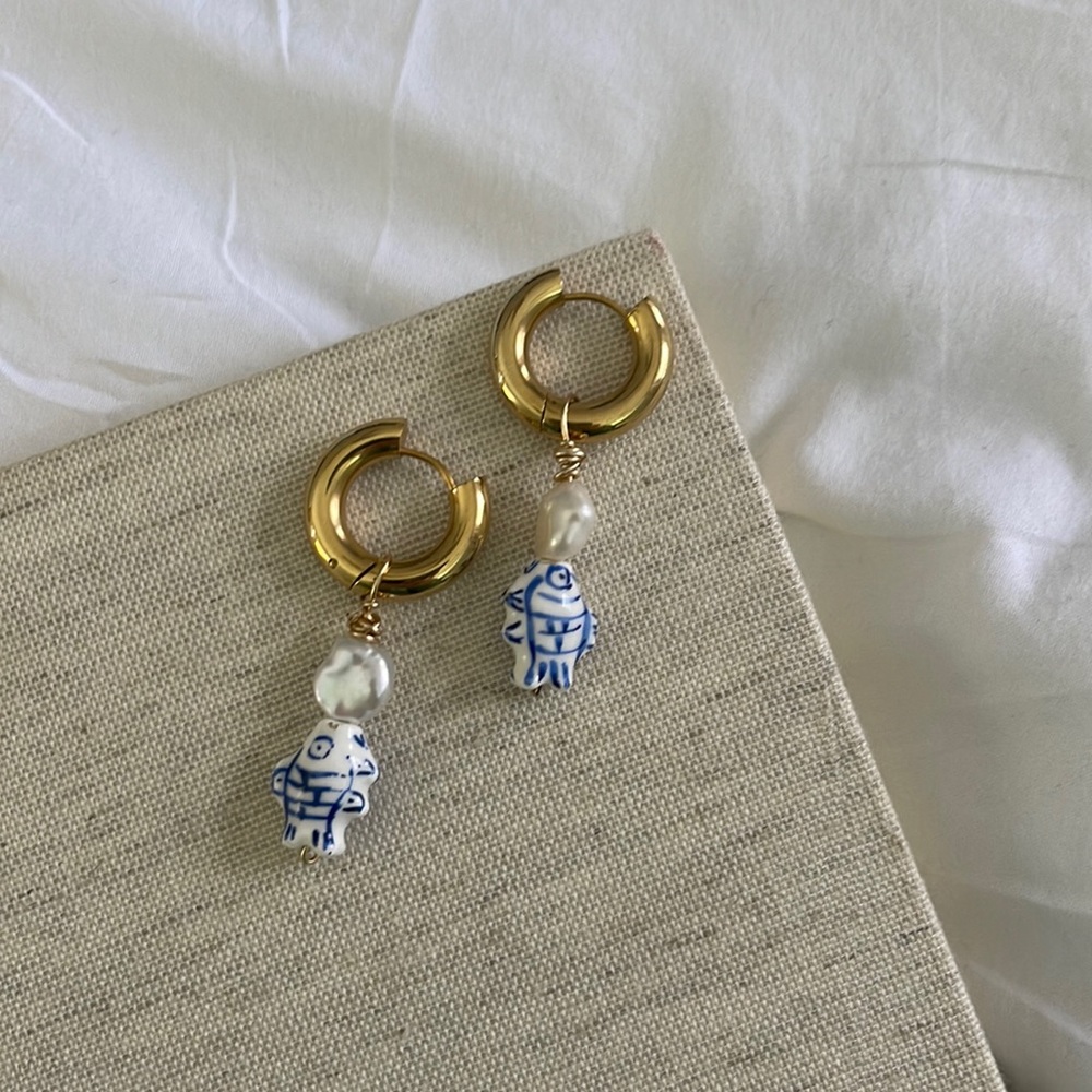 Fish Pearl Charm Gold Plated Hoop Earrings